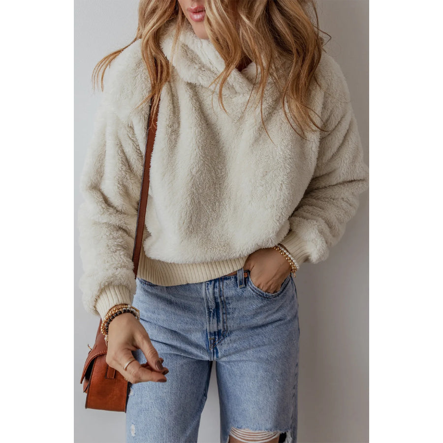 Fuzzy Dropped Shoulder Long Sleeve Hoodie Beige / S Apparel and Accessories