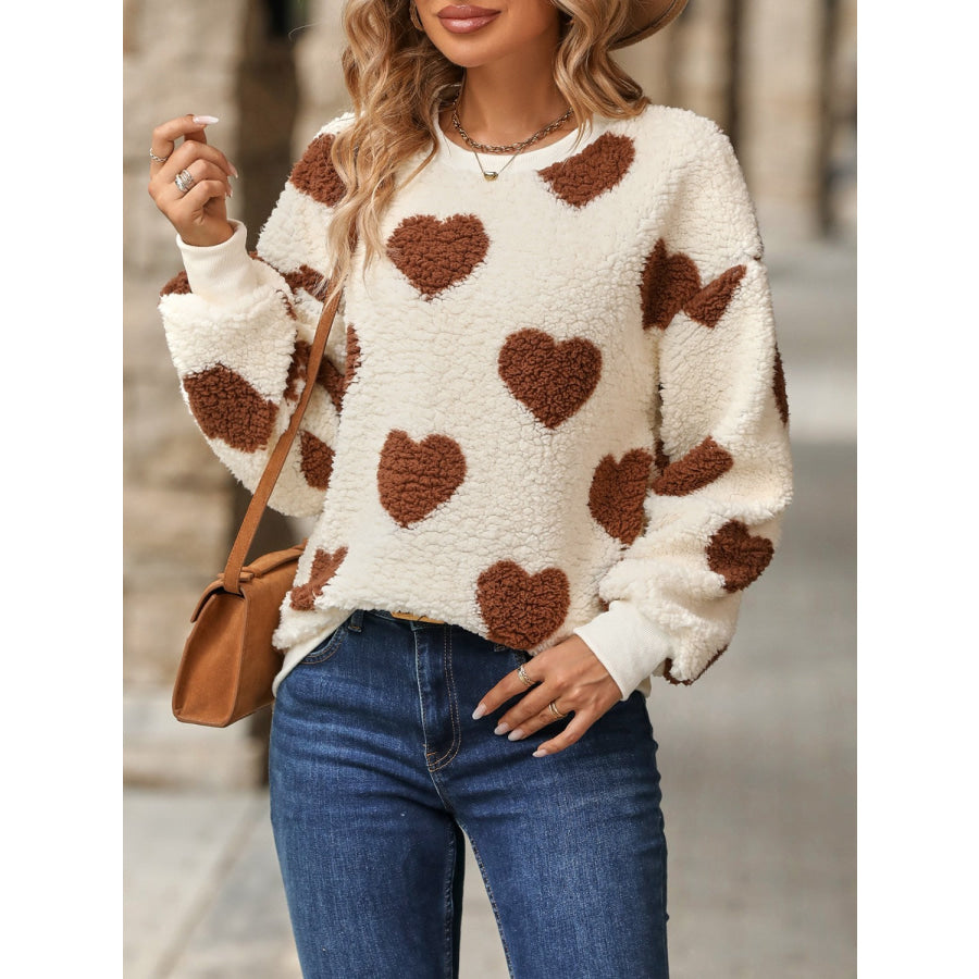 Fuzzy Heart Dropped Shoulder Sweatshirt Brown / S Apparel and Accessories