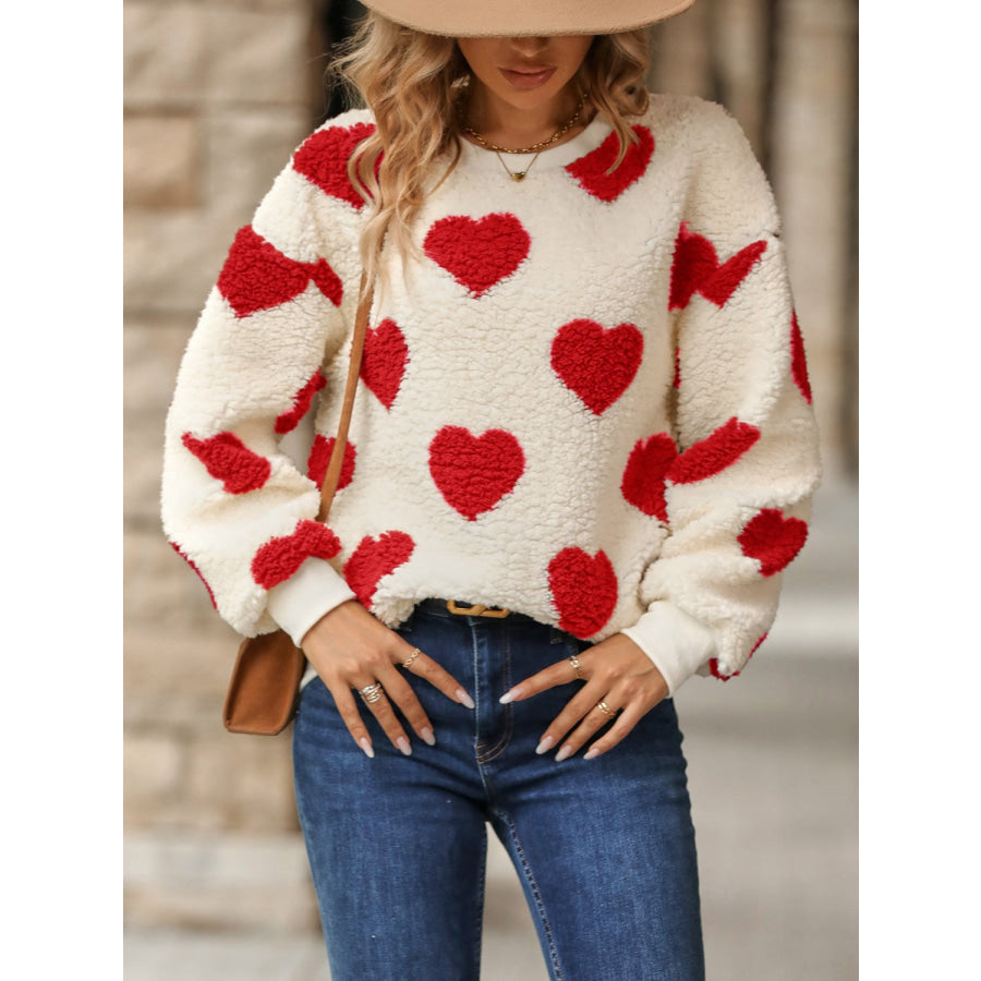 Fuzzy Heart Dropped Shoulder Sweatshirt Deep Red / S Apparel and Accessories