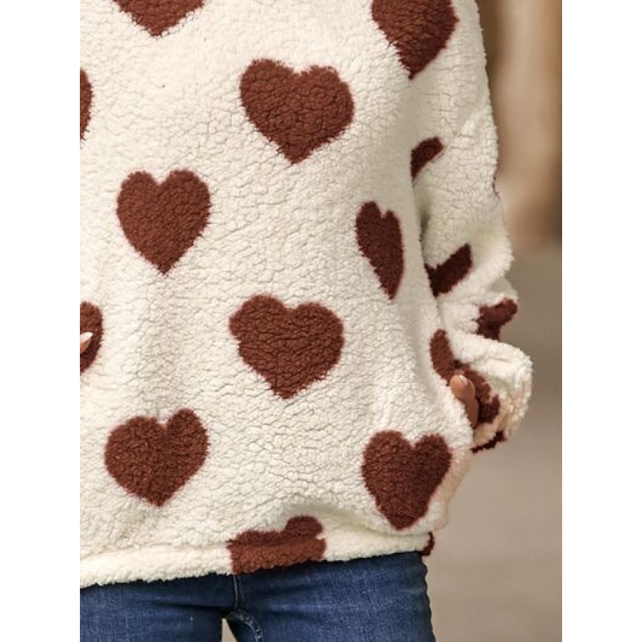 Fuzzy Heart Pocketed Dropped Shoulder Hoodie Apparel and Accessories