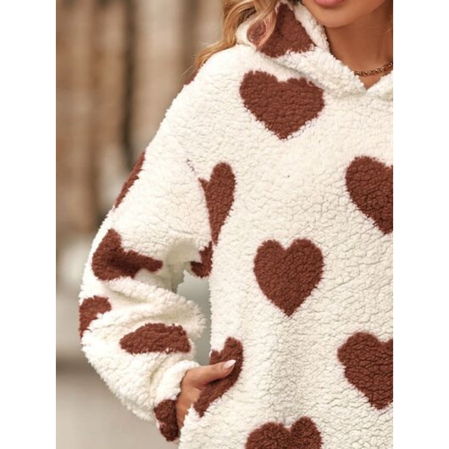 Fuzzy Heart Pocketed Dropped Shoulder Hoodie Apparel and Accessories