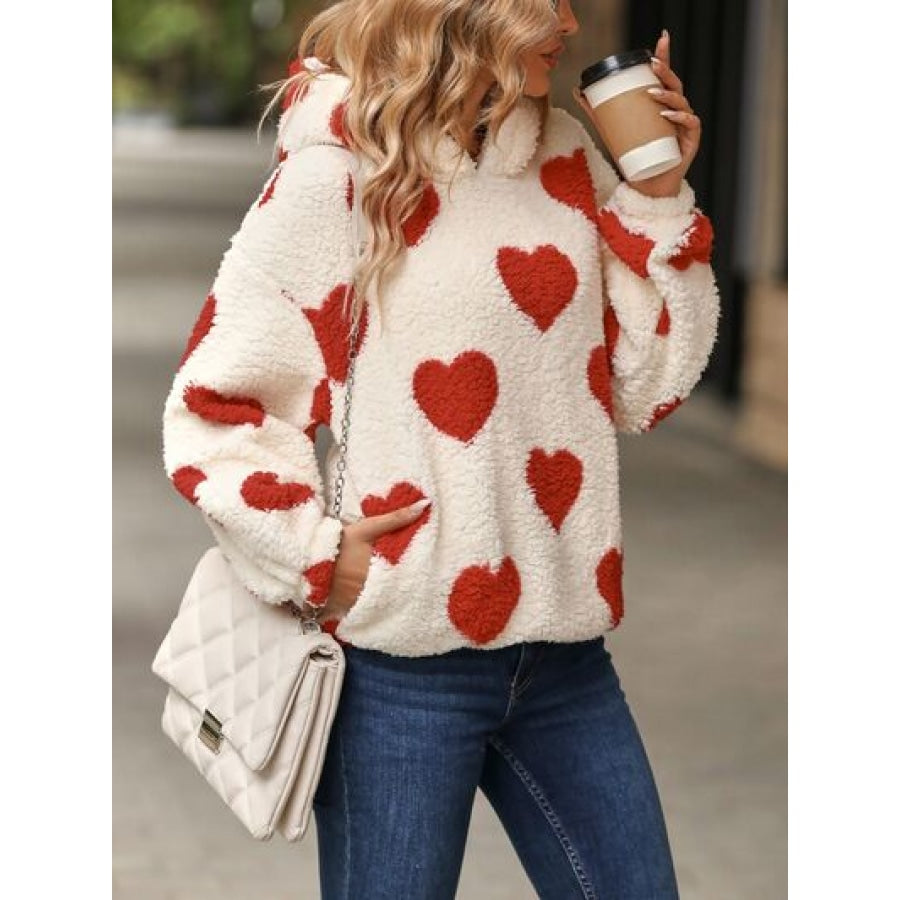 Fuzzy Heart Pocketed Dropped Shoulder Hoodie Apparel and Accessories