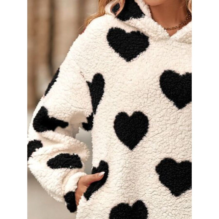 Fuzzy Heart Pocketed Dropped Shoulder Hoodie Apparel and Accessories