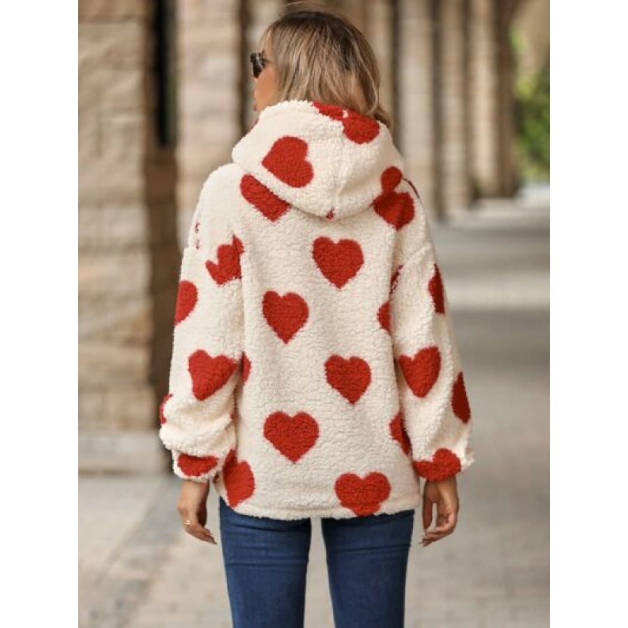 Fuzzy Heart Pocketed Dropped Shoulder Hoodie Apparel and Accessories