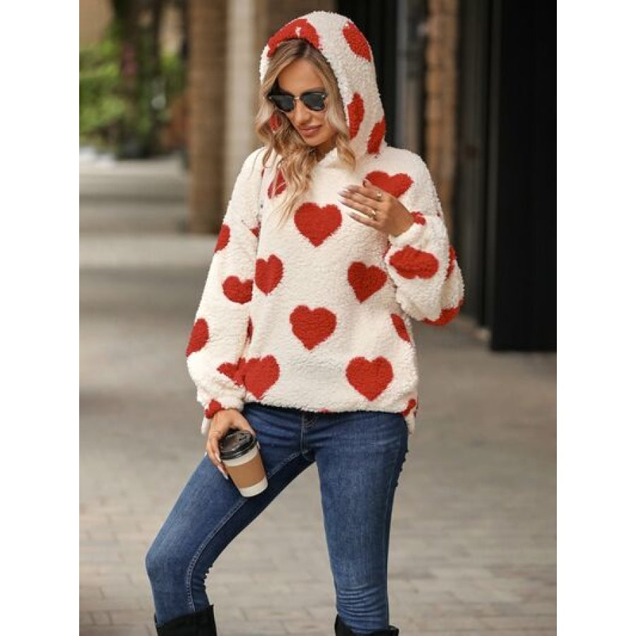 Fuzzy Heart Pocketed Dropped Shoulder Hoodie Apparel and Accessories