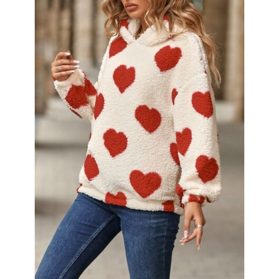 Fuzzy Heart Pocketed Dropped Shoulder Hoodie Apparel and Accessories