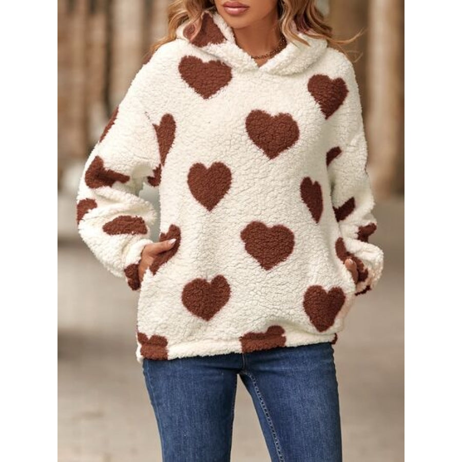 Fuzzy Heart Pocketed Dropped Shoulder Hoodie Burnt Umber / S Apparel and Accessories