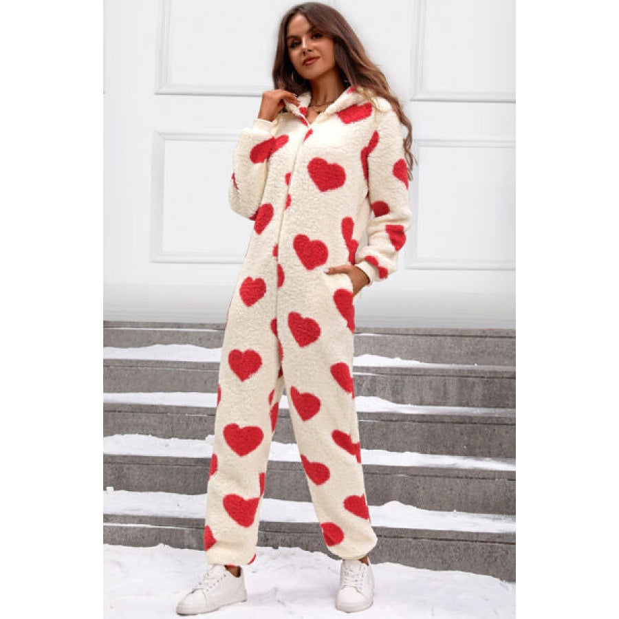 Fuzzy Heart Zip Up Hooded Lounge Jumpsuit Apparel and Accessories