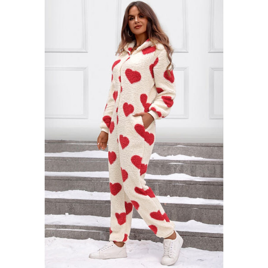 Fuzzy Heart Zip Up Hooded Lounge Jumpsuit Apparel and Accessories