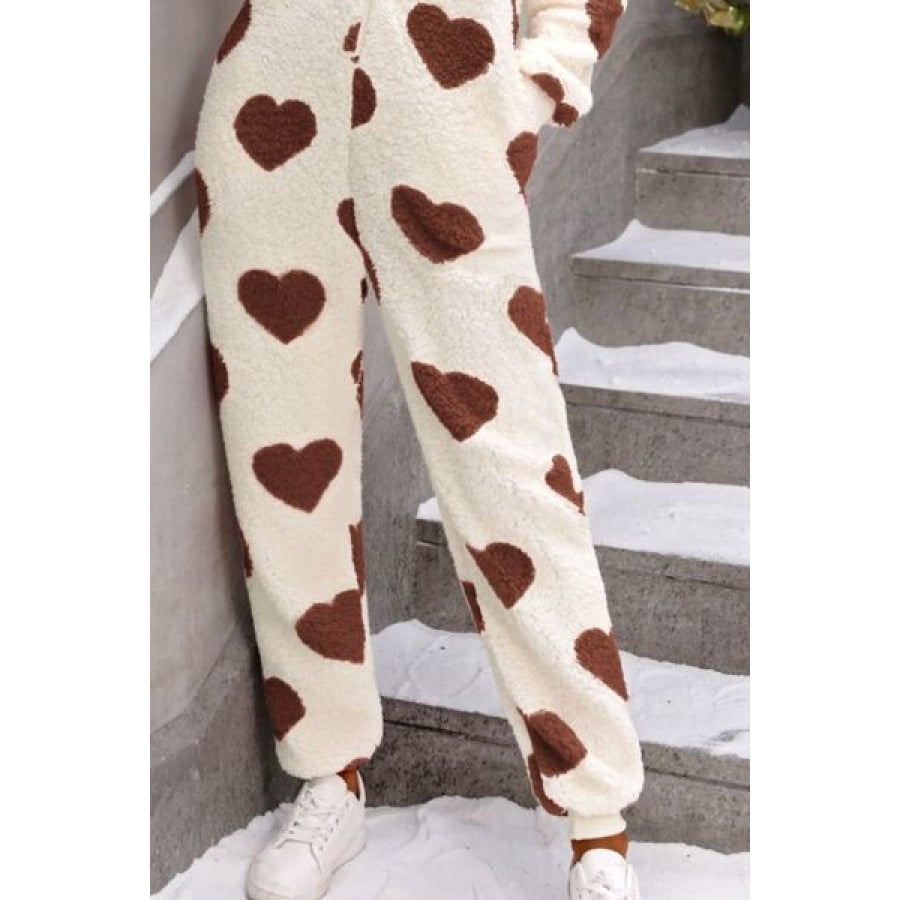 Fuzzy Heart Zip Up Hooded Lounge Jumpsuit Apparel and Accessories