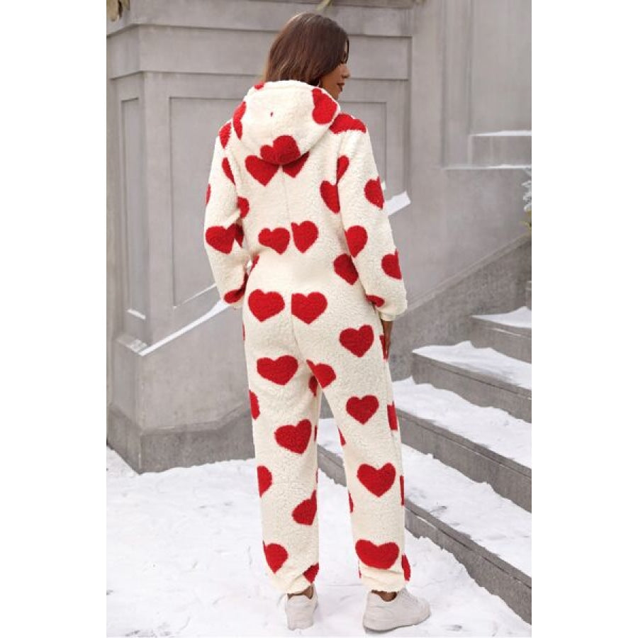 Fuzzy Heart Zip Up Hooded Lounge Jumpsuit Apparel and Accessories