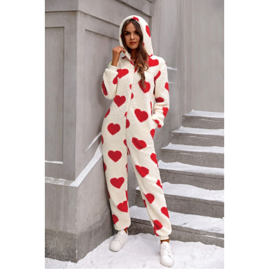 Fuzzy Heart Zip Up Hooded Lounge Jumpsuit Deep Red / S Apparel and Accessories