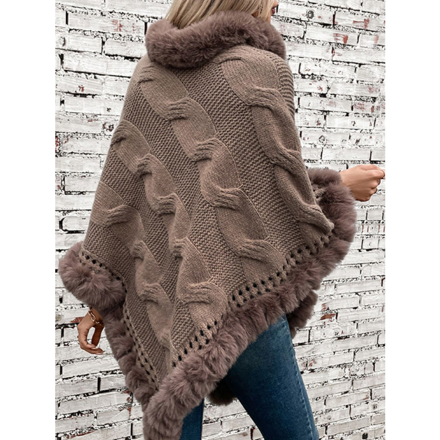 Fuzzy Hem Cable-Knit Poncho Apparel and Accessories