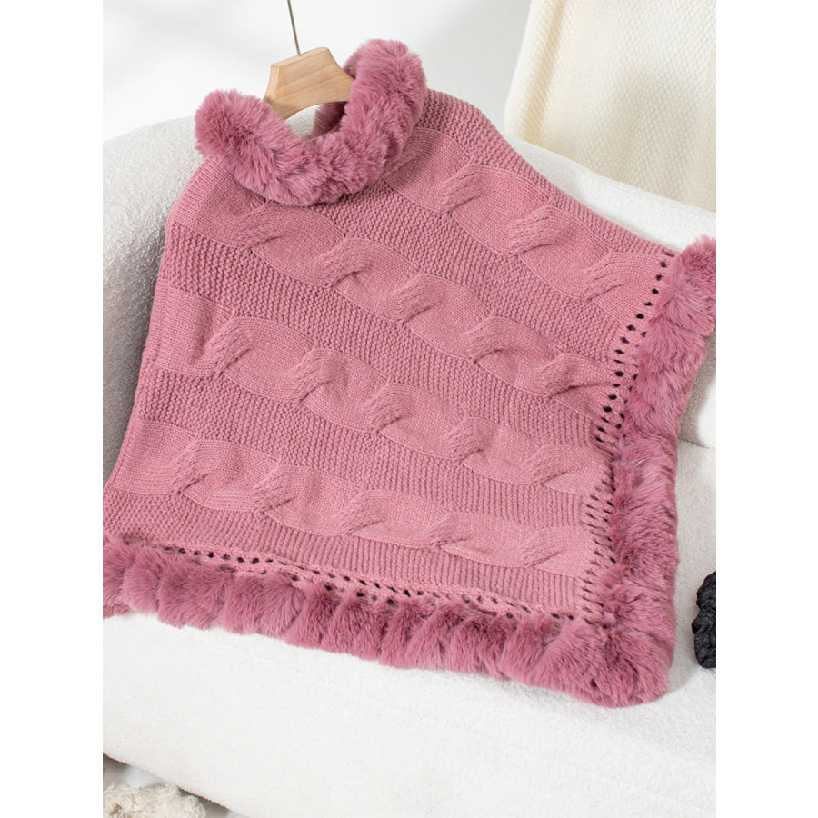 Fuzzy Hem Cable-Knit Poncho Apparel and Accessories