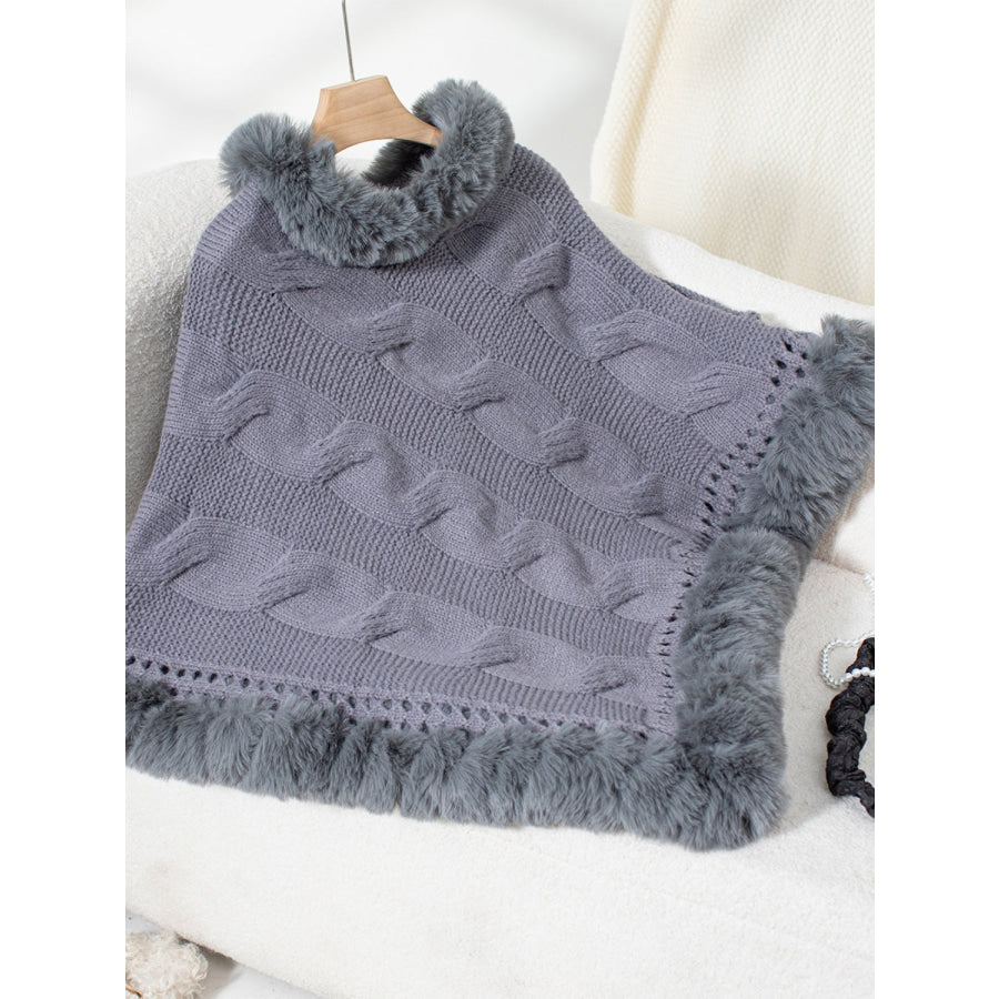 Fuzzy Hem Cable-Knit Poncho Apparel and Accessories