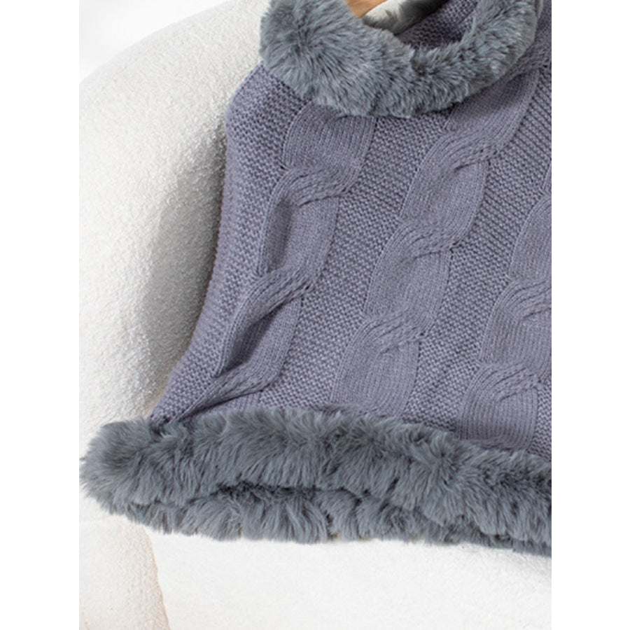 Fuzzy Hem Cable-Knit Poncho Apparel and Accessories