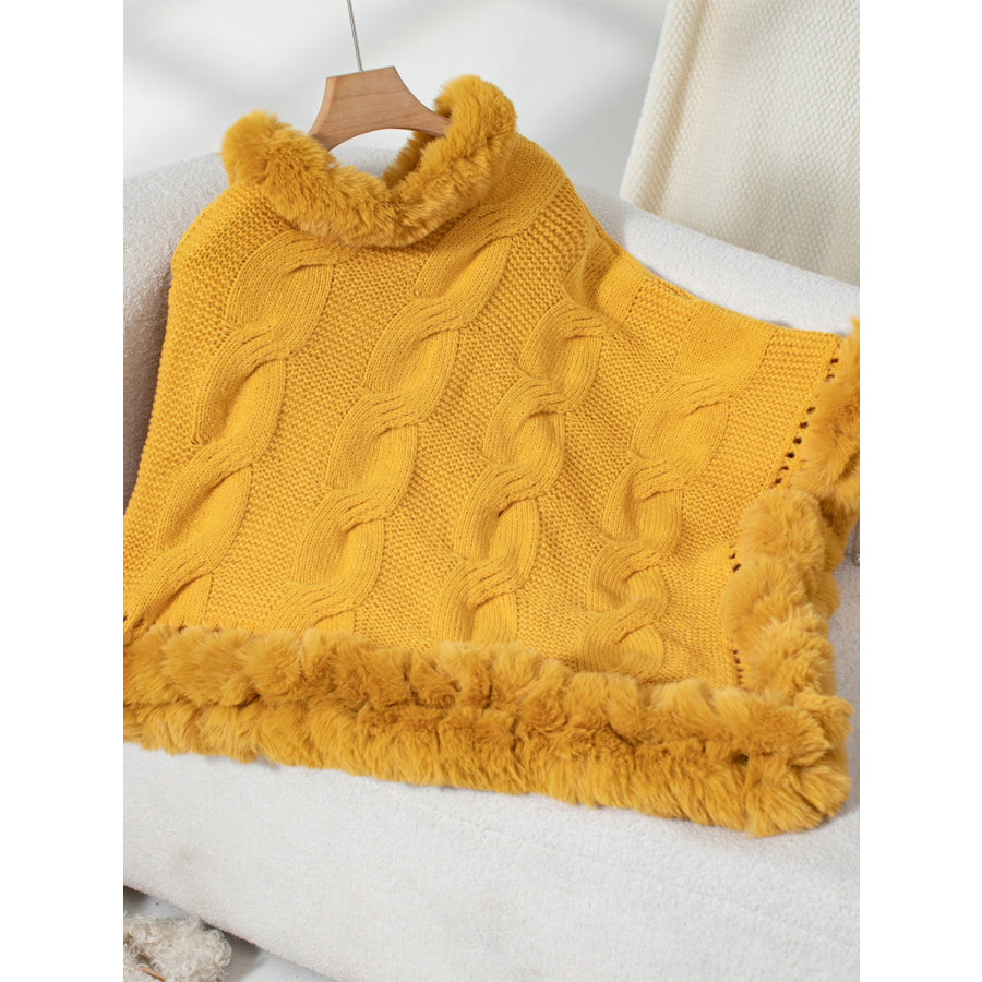 Fuzzy Hem Cable-Knit Poncho Apparel and Accessories