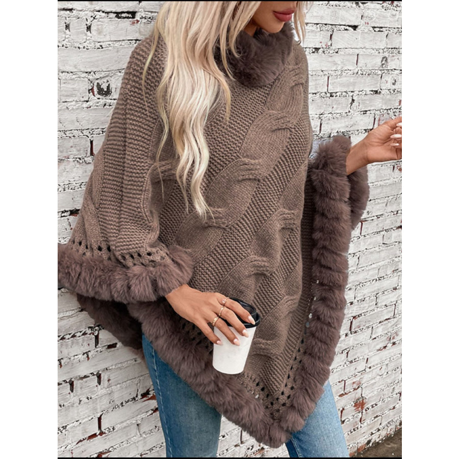 Fuzzy Hem Cable-Knit Poncho Apparel and Accessories