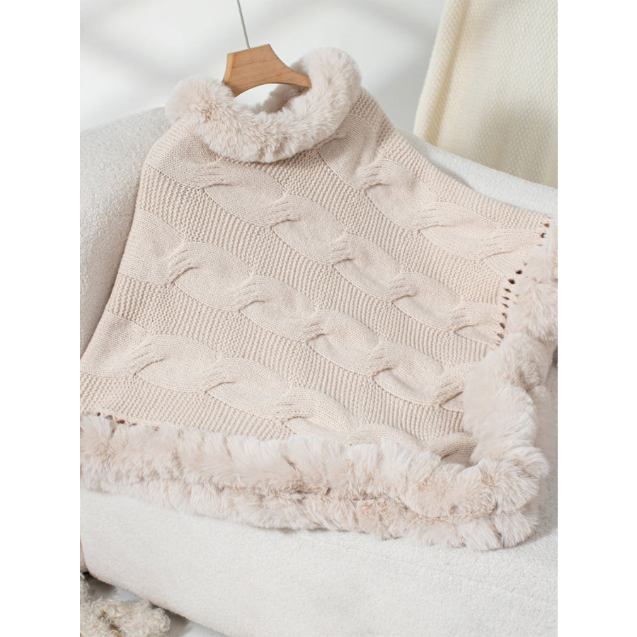 Fuzzy Hem Cable-Knit Poncho Apparel and Accessories