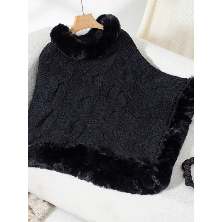 Fuzzy Hem Cable-Knit Poncho Apparel and Accessories