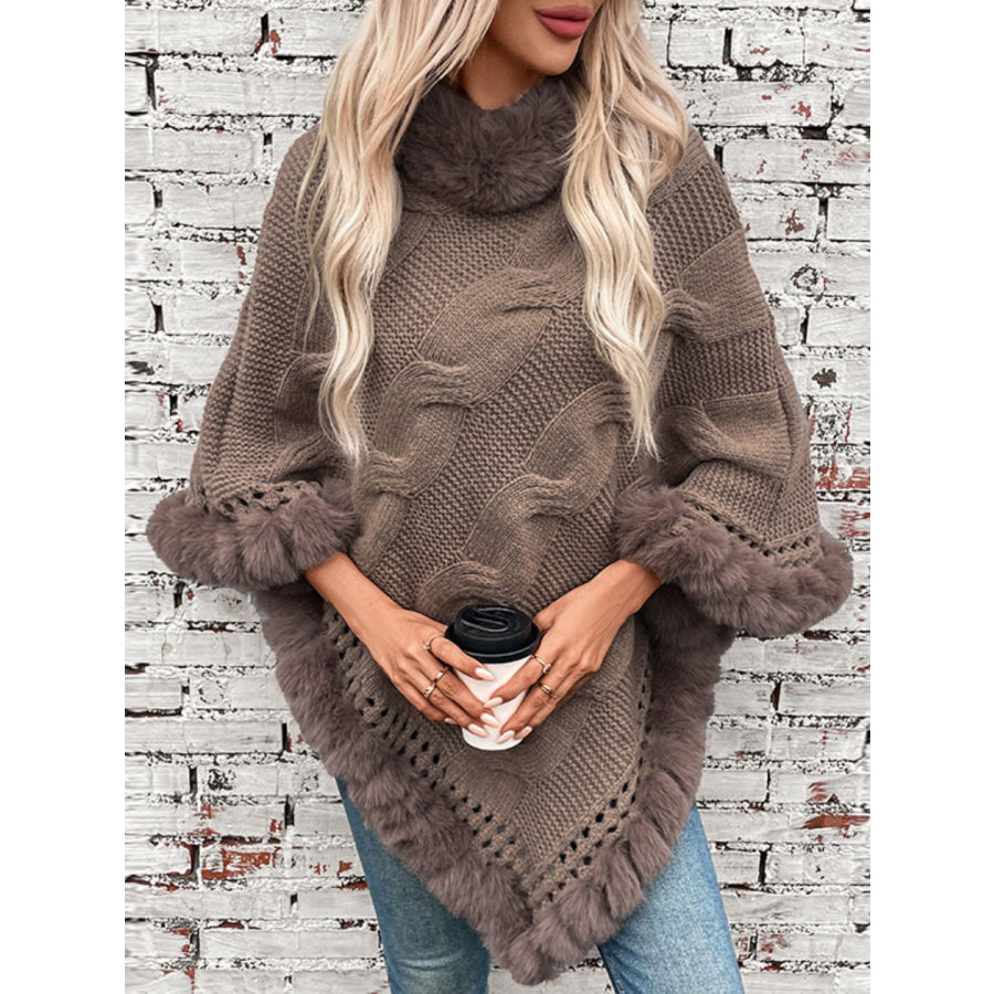 Fuzzy Hem Cable-Knit Poncho Apparel and Accessories