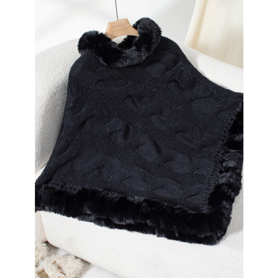 Fuzzy Hem Cable-Knit Poncho Black / One Size Apparel and Accessories