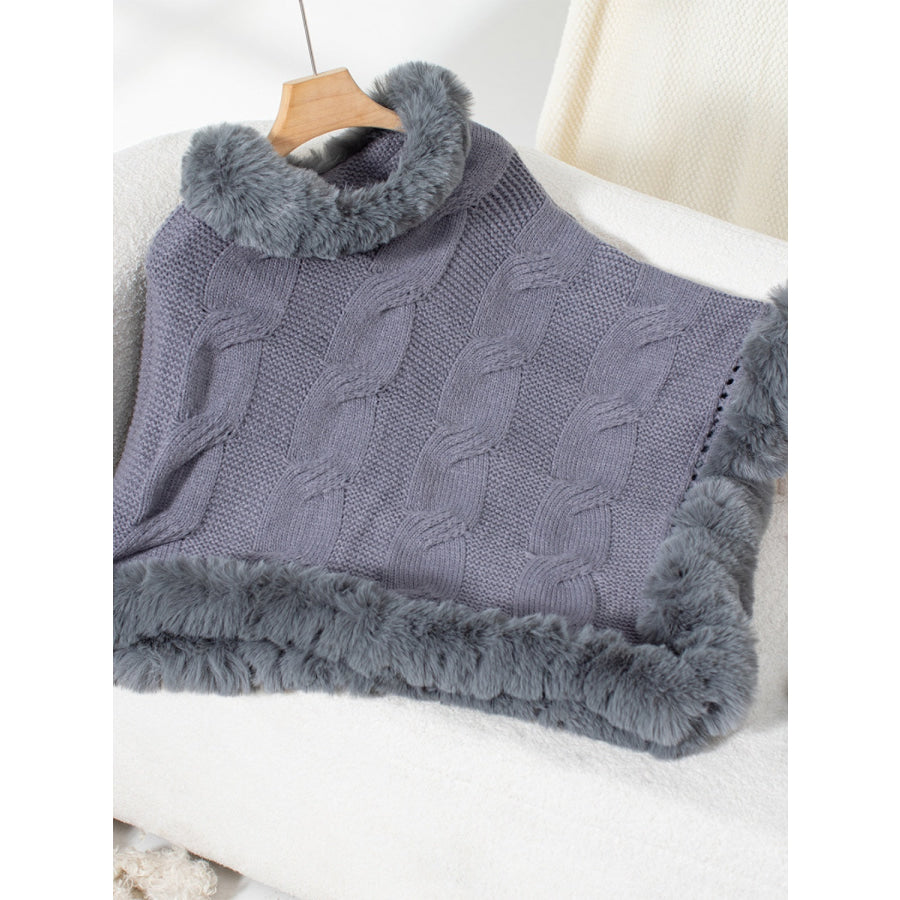 Fuzzy Hem Cable-Knit Poncho Dark Gray / One Size Apparel and Accessories