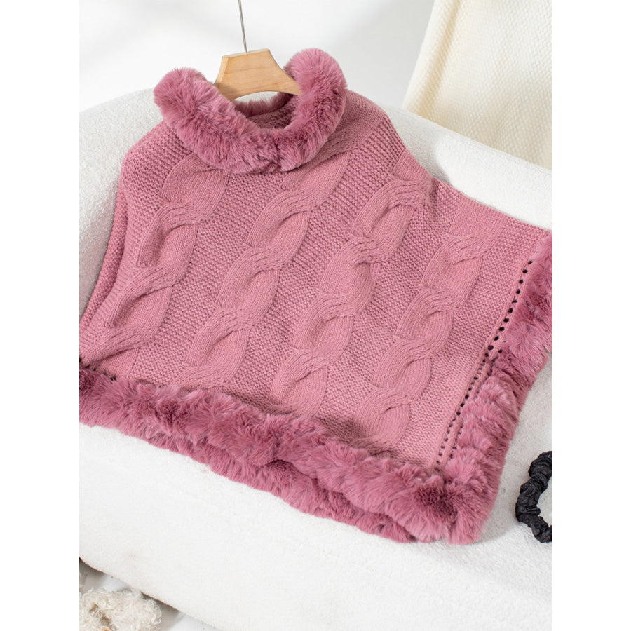 Fuzzy Hem Cable-Knit Poncho Dusty Pink / One Size Apparel and Accessories