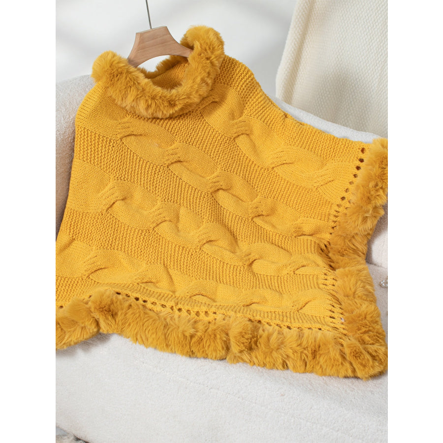 Fuzzy Hem Cable-Knit Poncho Gold / One Size Apparel and Accessories