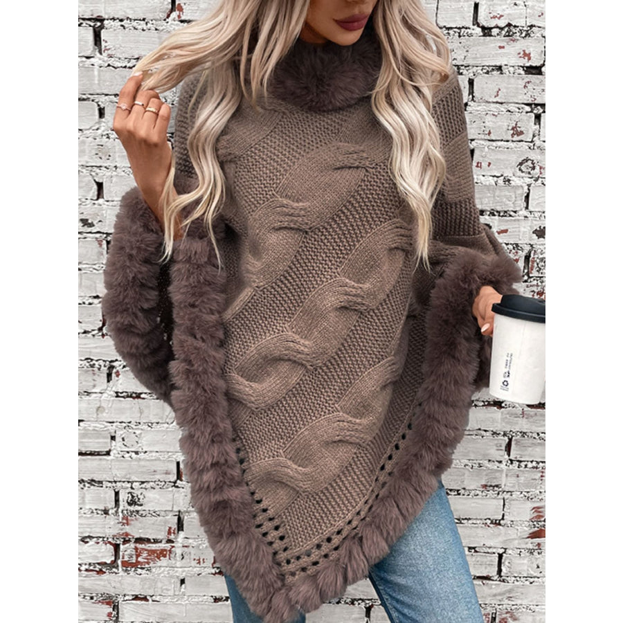 Fuzzy Hem Cable-Knit Poncho Mocha / One Size Apparel and Accessories