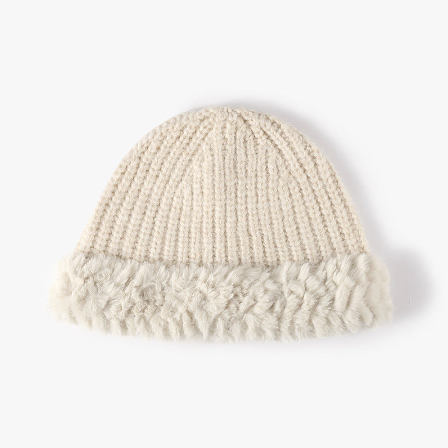 Fuzzy Hem Knit Hat Beige / One Size Apparel and Accessories