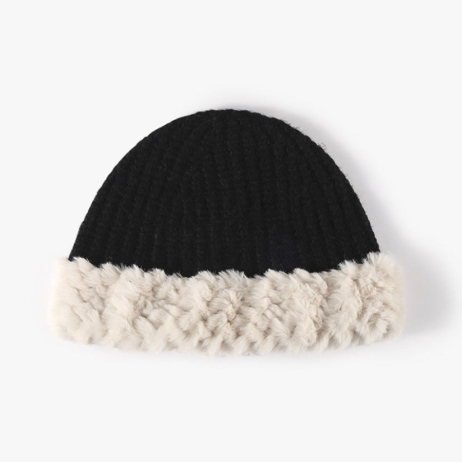 Fuzzy Hem Knit Hat Black / One Size Apparel and Accessories