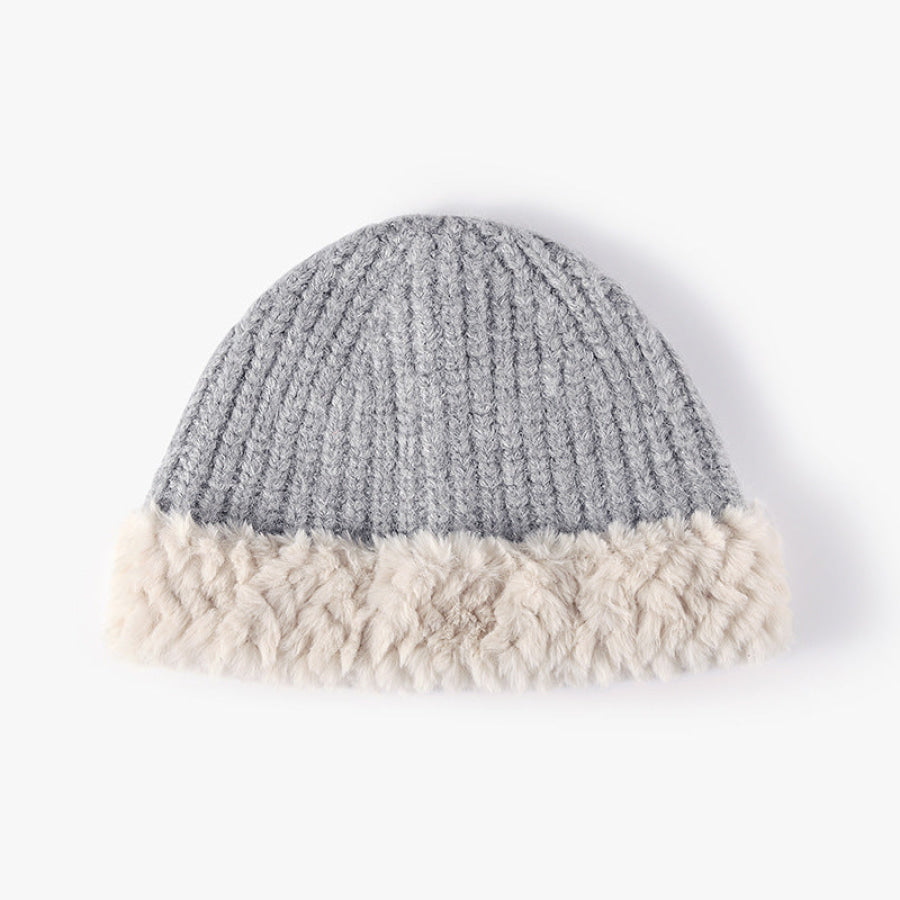 Fuzzy Hem Knit Hat Light Gray / One Size Apparel and Accessories