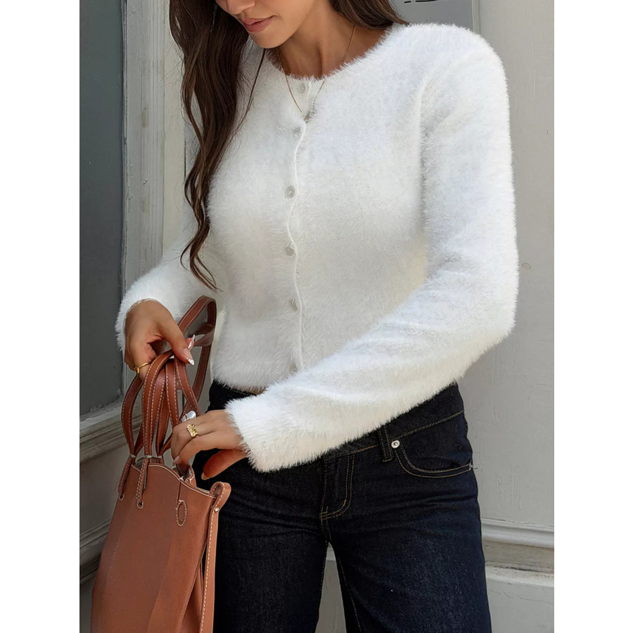 Fuzzy Knit Button-Down Cardigan Apparel and Accessories