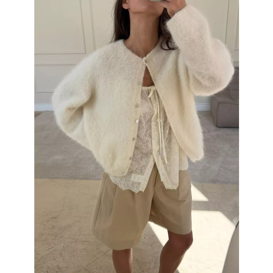 Fuzzy Knit Button-Down Cardigan Beige / S Apparel and Accessories