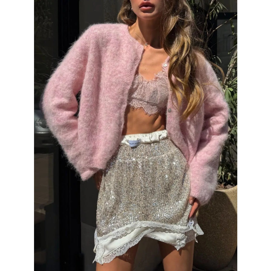 Fuzzy Knit Button-Down Cardigan Blush Pink / S Apparel and Accessories
