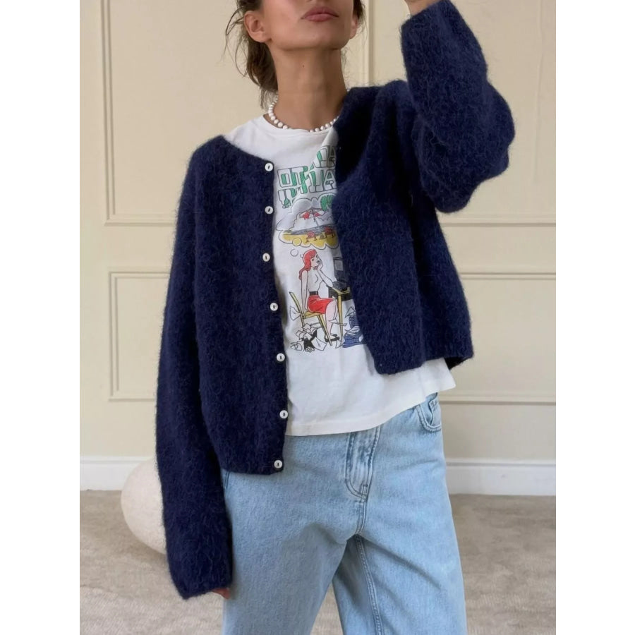 Fuzzy Knit Button-Down Cardigan Dark Blue / S Apparel and Accessories