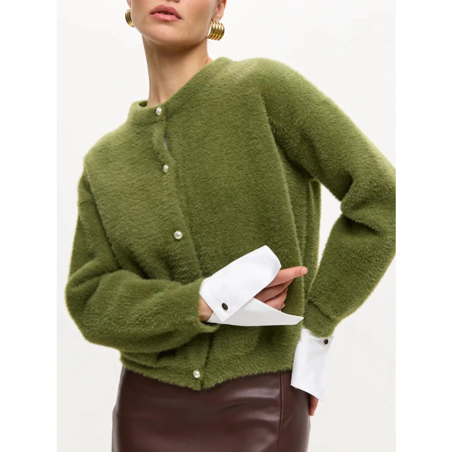 Fuzzy Knit Button Down Cardigan Green / S Apparel and Accessories