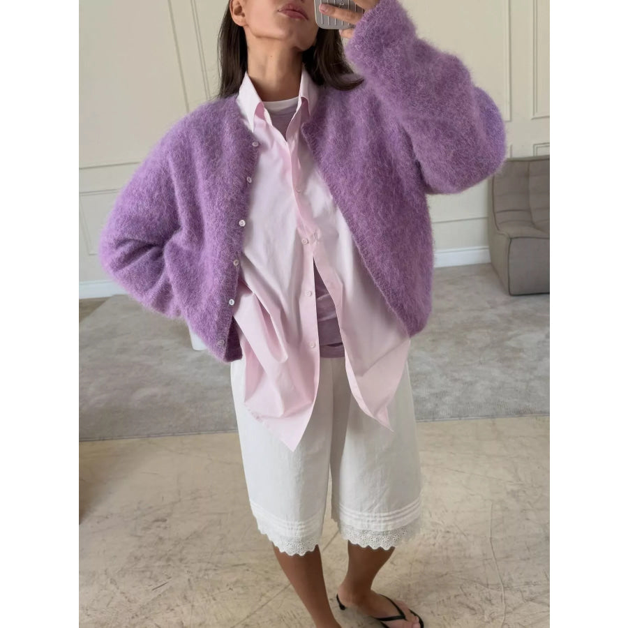 Fuzzy Knit Button-Down Cardigan Lavender / S Apparel and Accessories