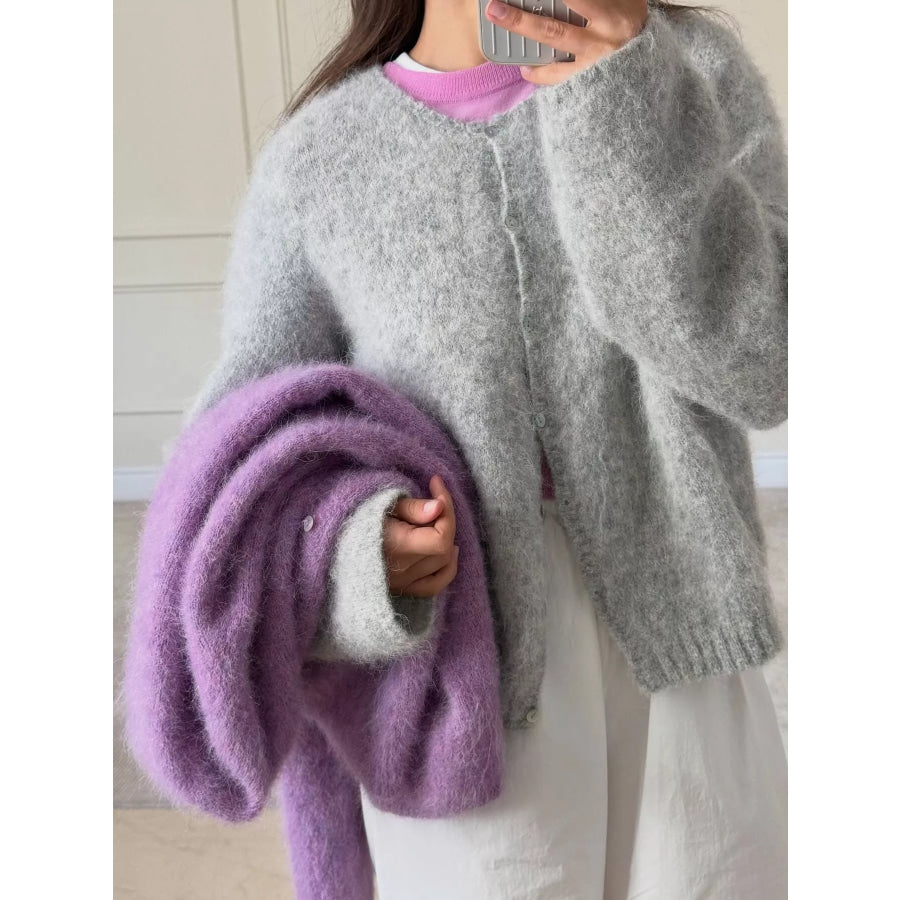Fuzzy Knit Button-Down Cardigan Light Gray / S Apparel and Accessories