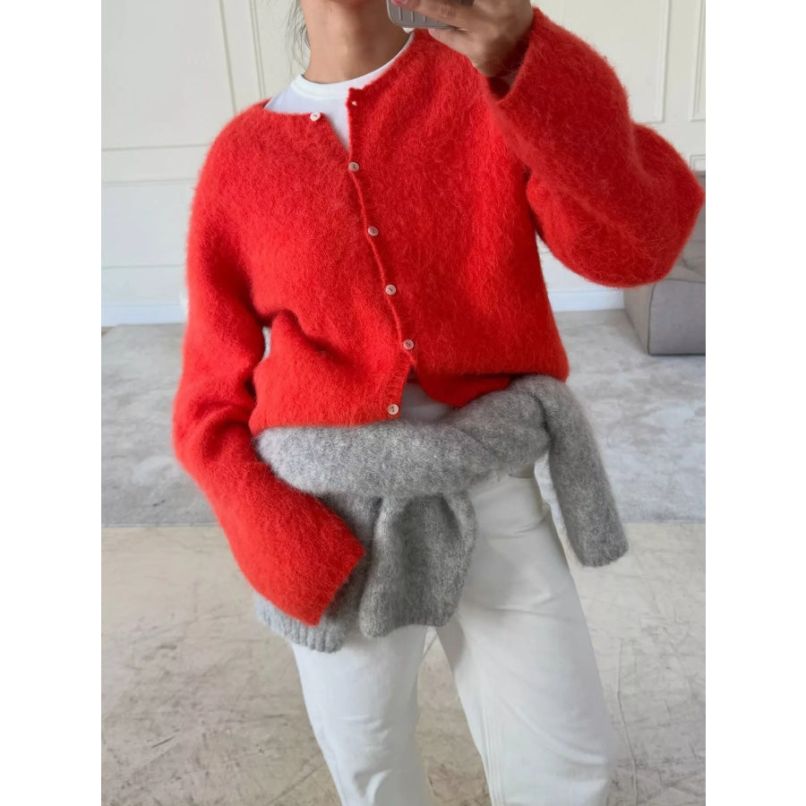 Fuzzy Knit Button-Down Cardigan Scarlet / S Apparel and Accessories