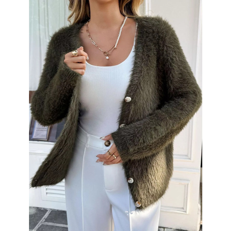 Fuzzy Knit Button-Up Cardigan Apparel and Accessories