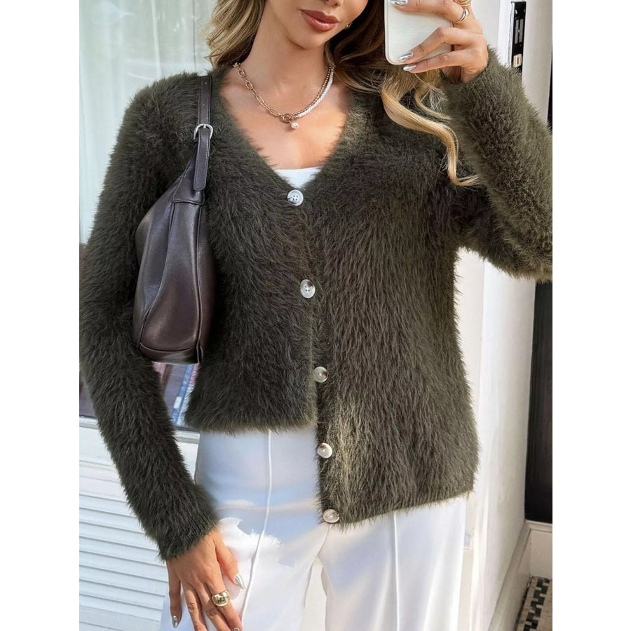 Fuzzy Knit Button-Up Cardigan Apparel and Accessories