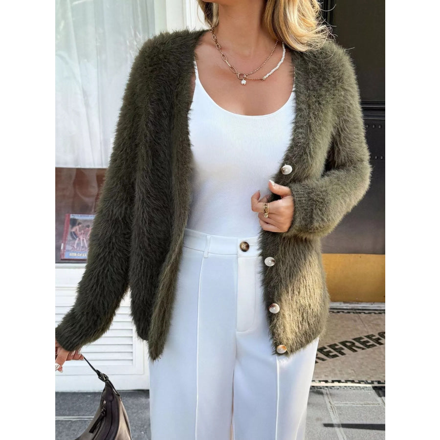 Fuzzy Knit Button-Up Cardigan Army Green / S Apparel and Accessories