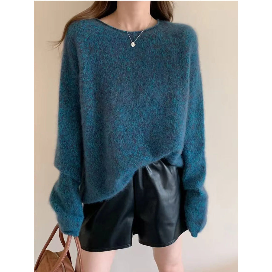 Fuzzy Knit Crew Neck Sweater Blue Tears / One Size Apparel and Accessories