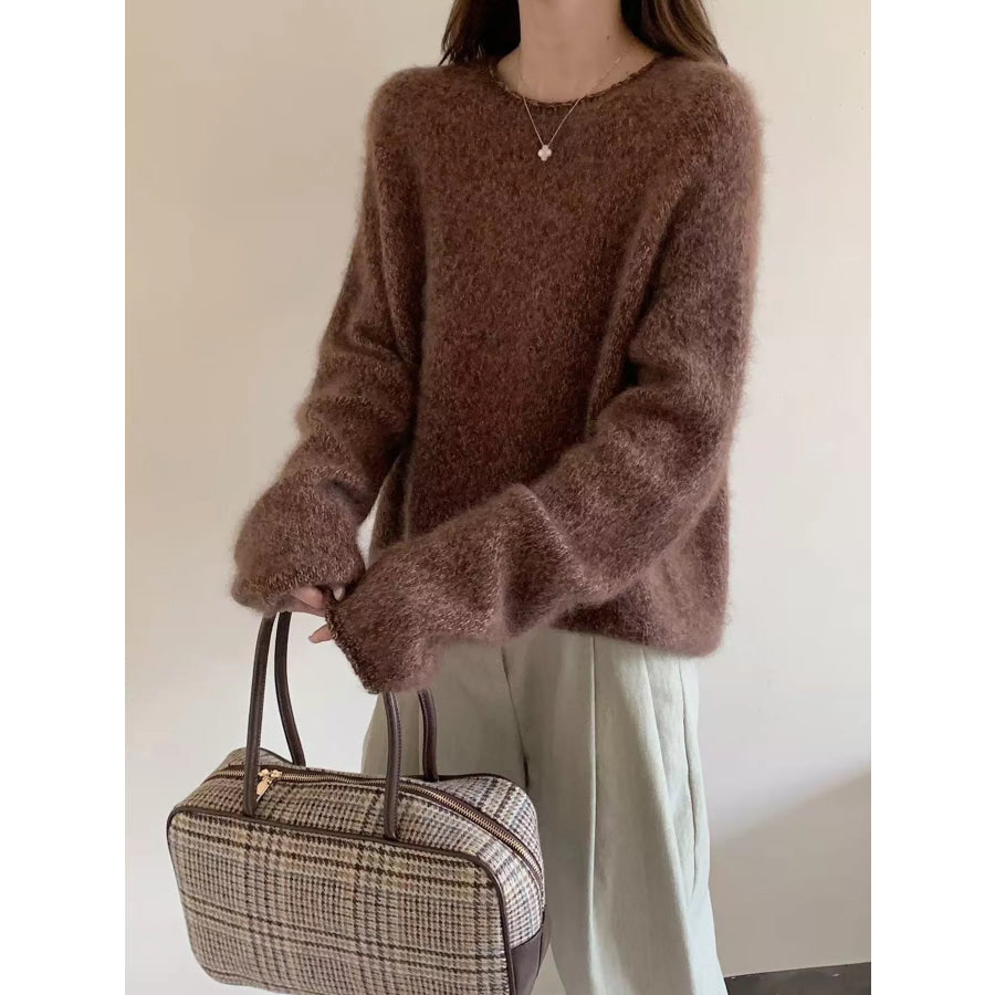 Fuzzy Knit Crew Neck Sweater Camouflage / One Size Apparel and Accessories