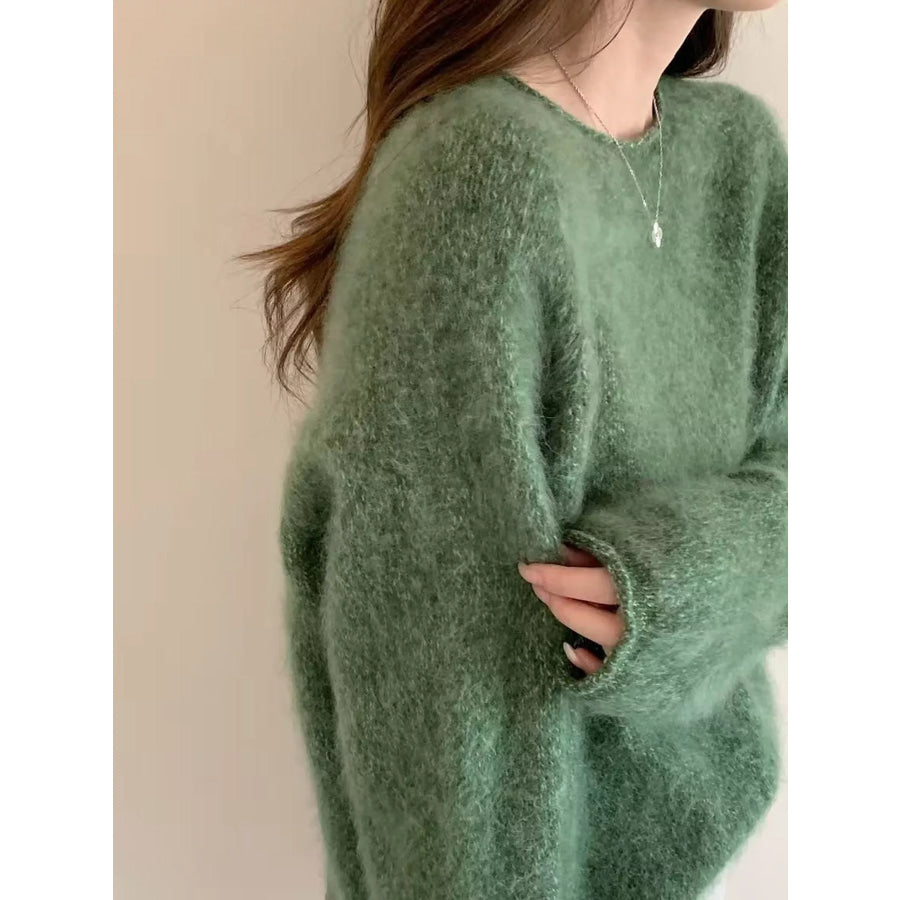 Fuzzy Knit Crew Neck Sweater Frosted Grass Green / One Size Apparel and Accessories