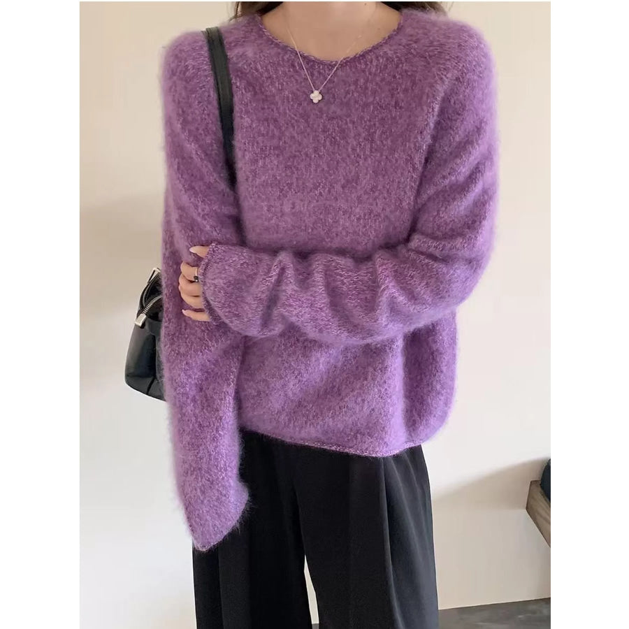 Fuzzy Knit Crew Neck Sweater Oil Purple / One Size Apparel and Accessories
