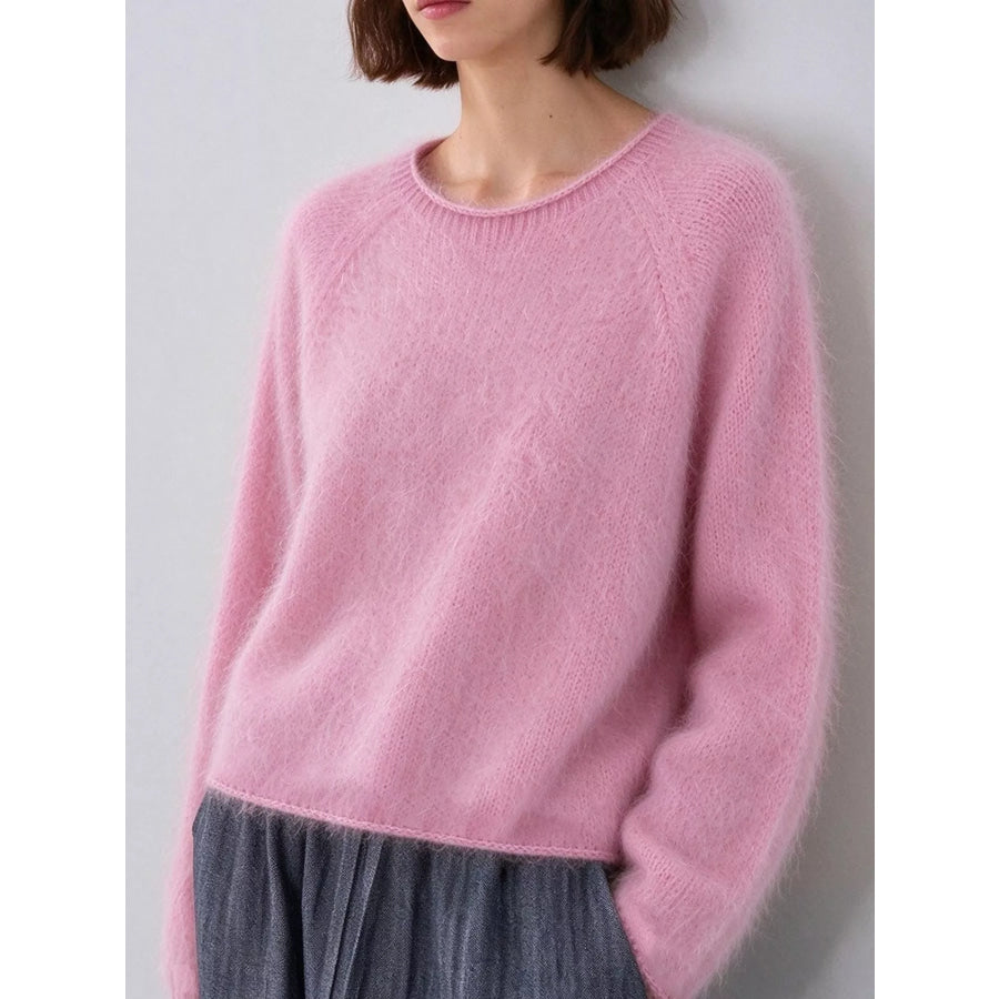 Fuzzy Knit Crew Neck Sweater Powder Pink / One Size Apparel and Accessories