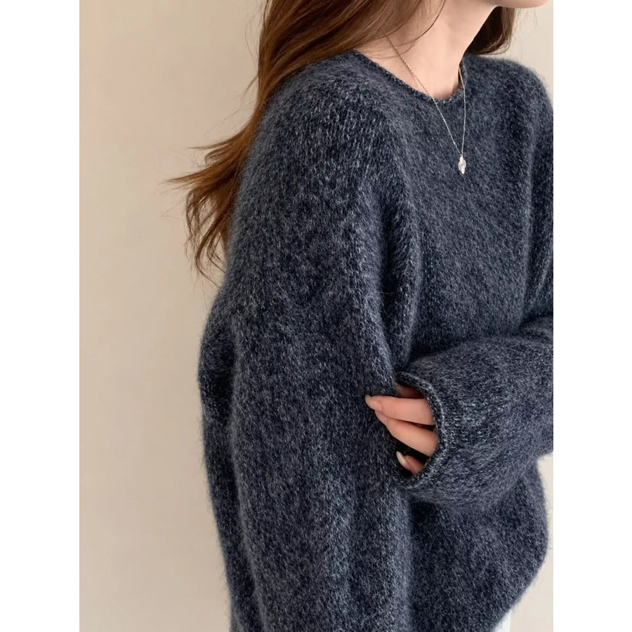 Fuzzy Knit Crew Neck Sweater Rainy Night Black / One Size Apparel and Accessories